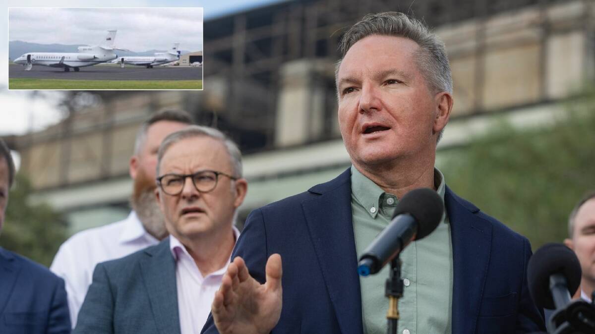 Chris Bowen and Anthony Albanese at last week's media event at Liddell Power Station and, inset, the two RAAF planes on the tarmac at Scone. Main picture by Marina Neil, inset 2GB 