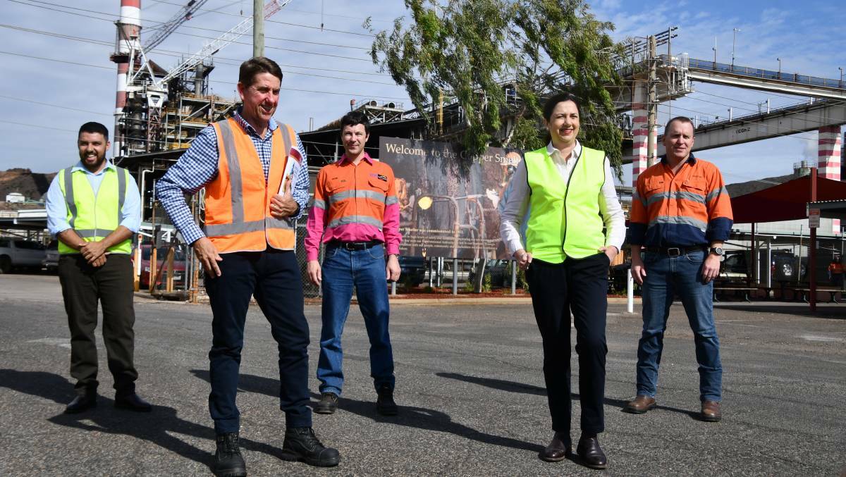 In Mount Isa on Day 1 of the election campaign are (L-R): ALP Traeger candidate James Bambrick, treasurer Cameron Dick, Incitec Pivot's Peter Ware, premier Annastacia Palaszczuk and Glencore' Matt O'Neill.