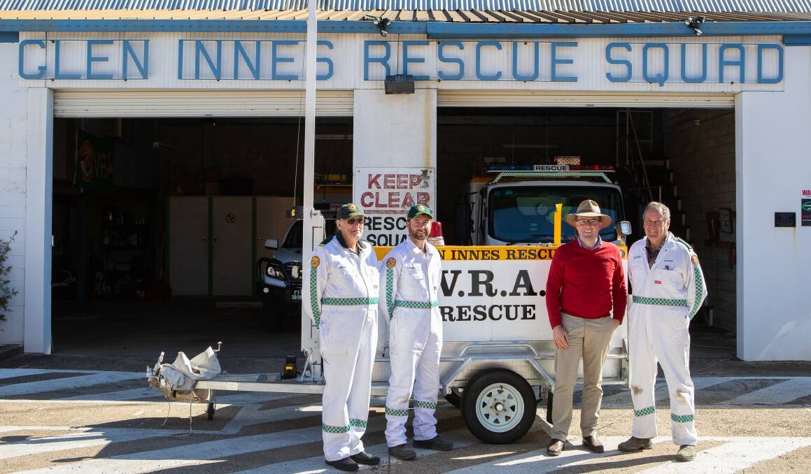 Glen Innes Volunteer Rescue Association Unit members Russell Scott, left, Anthony Elliot, Northern Tablelands MP Adam Marshall and Grahame Pagden in front of the unit's new light trailer.