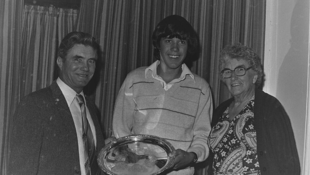 Max Burey, President Glen Innes Rural Youth Club  Advisory Committee 1983, his son Ian (14)

winner of the Brian Burey Memorial  Trophy and Ian’s grandmother Mrs Vera Chaffey, Patroness of the Glen Innes

Rural Youth Club.