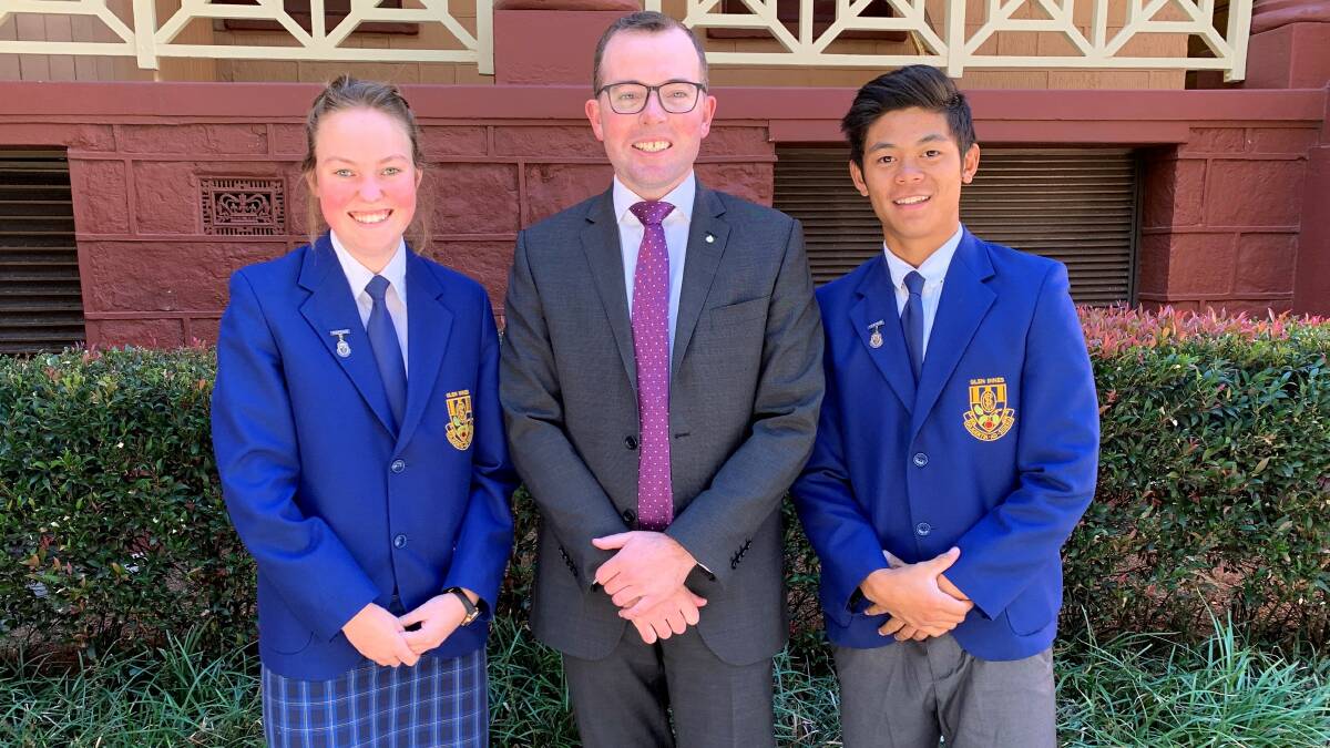 Glen Innes High School leaders Naomi Eastwood, and Alejandro Crossly with Northern Tablelands MP Adam Marshall today at Parliament House.