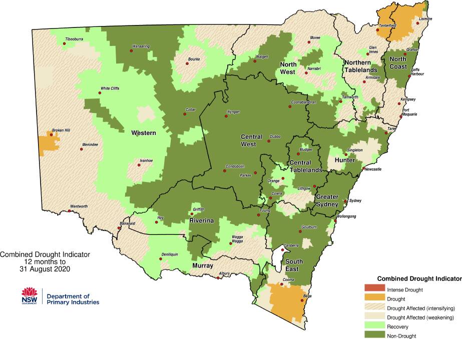 How far we've come - 65 per cent of state in non-drought or recovery category. It's a marked difference to the start of the year. Map courtesy of the NSW DPI.