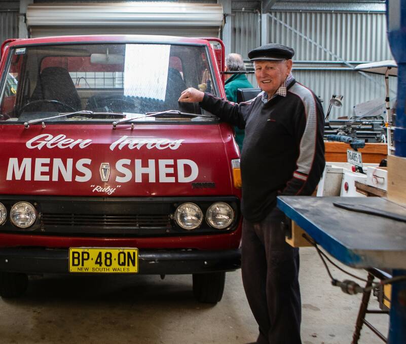 Mens Shed member Bill Challen with the restored truck Ruby. Member participation might improve over the winter months with a better heating system on the way.