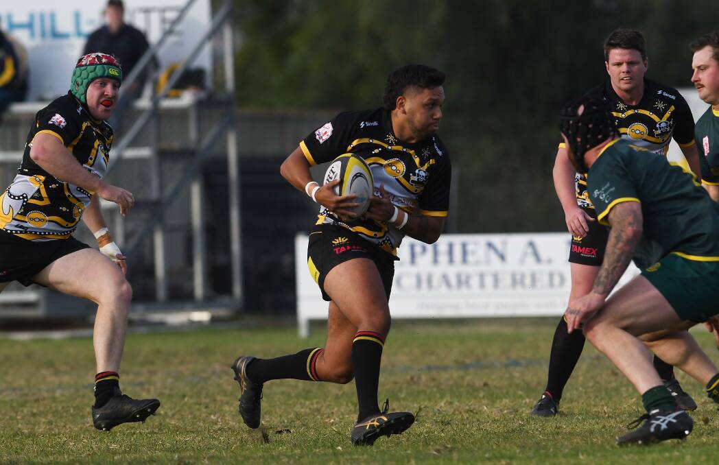 Pirates five-eighth Jayden Kitchener-Waters takes the ball to the Inverell line. Picture by Gareth Gardner