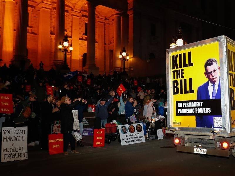 Controversial pandemic laws are being debated in the Victorian parliament amid heated protests.