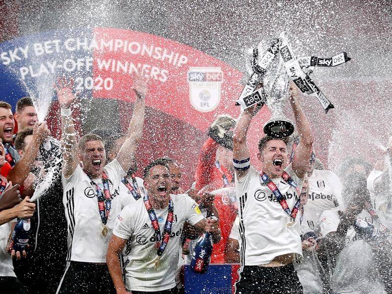 Fulham celebrate after winning promotion to the EPL after beating Brentford in extra-time.