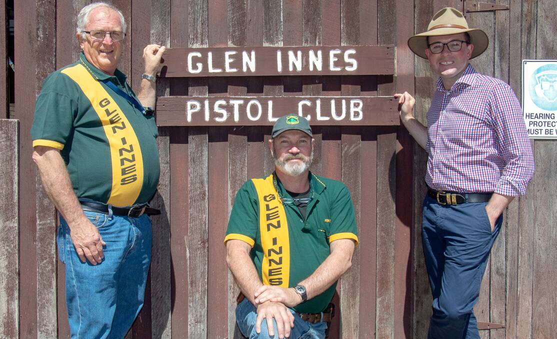 Glen Innes Pistol Club Treasurer, Wayne Unicomb, President, Jason Tom, and Northern Tablelands MP, Adam Marshall.