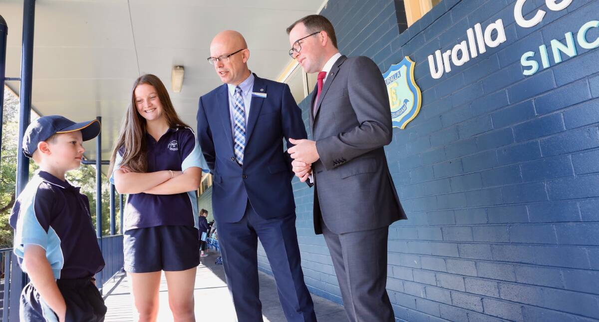 FUNDING: Uralla Central school students Jackson Davison and Claudia Keogh with principal Michael Rathbourne met with Member for Northern Tablelands Adam Marshall when he announced figures for next year's education funding for the Northern Tablelands.