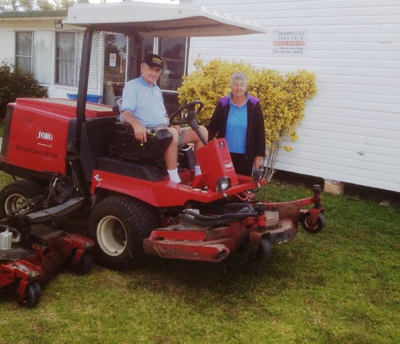  RIDE ON: Peter and Marie Moule with the Toro Ride-On Mower purchased by the Club with help from a NSW Golf Foundation Grant.