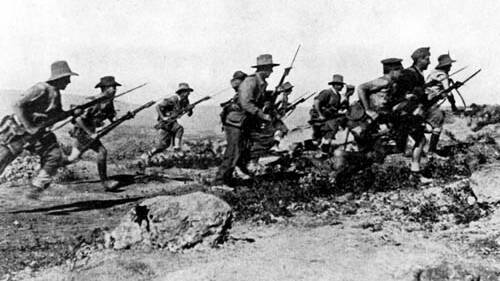 Troops charging to the front during World War I. File photo. 