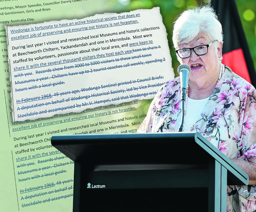 Feeling gutted: Wodonga Citizen of the Year Marie Elliot with part of her speech which the council returned to her with paragraphs deleted of her words. She says she was shocked to have her work changed.