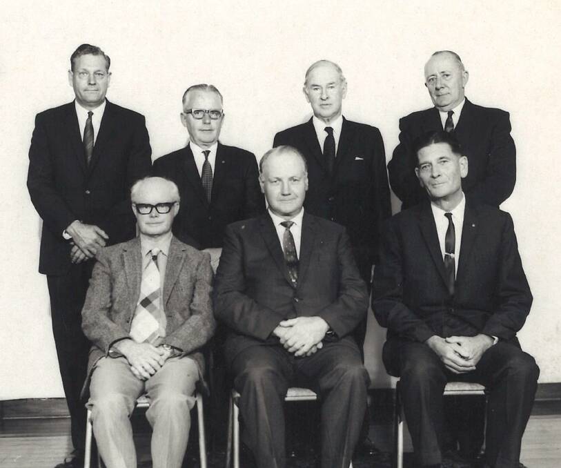 Members of the Glen Innes Building Society: Back L to R: Aub Miller, George Priest, Doug Abbott, Horrie Sheldon Seated: George Kelly, Arthur Crotty, Dick Fayle.