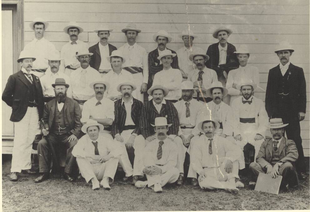 
Northern Border Cricket Assoc Team v Stoddart's England XI played at Glen Innes Showground November 1897. England players included Stoddart, Ranjitsinihi, MacLaren, Briggs and Hirst.

L-R Top Row: J Mitchell (GI), E Fitzgerald (GI), D Webster (GI), W R Goodman (GI), G B Thompson (GI), J Biddle (Dundee), A W Roberts (Inv) L-R 2nd Row: P P Abbott (GI Joint Sec), W Carney (T'field), Lewis Fakes (S'henge), J Adams (Inv), R Peberdy (Inv), H Harris (GI), C Lee (T'field), F J Thomas (GI Joint Sec)
L-R Sitting: Hon John Wetherspoon (Glencoe), Cecil Bloxsome (GI Joint Capt),JHS Travers (GI Joint Capt), H J Mereweather (Inv), F J Sloman (Dundee), F McIlveen (Inv), L Sloman (Dundee) L-R Front: C Gibbons (Red Range), W Pike(Glencoe), F Broadbent (Dundee), H Carter (GI scorer)
